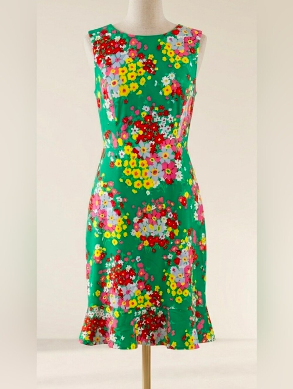 Talbots Petite Green Springtime Floral Sleeveless Flounce Hem Sheath Dress 4P